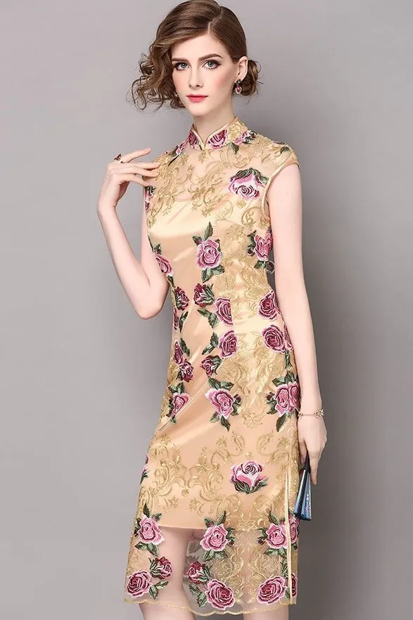 Floral Embroidered Lace Qipao Dress