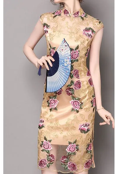 Floral Embroidered Lace Qipao Dress