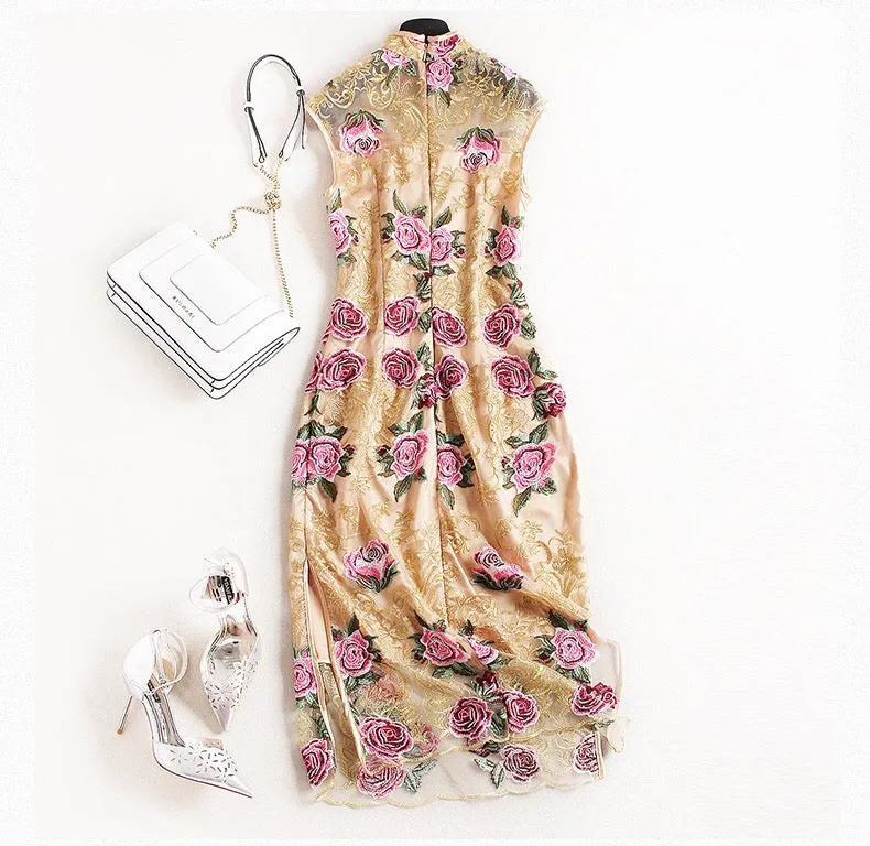 Floral Embroidered Lace Qipao Dress