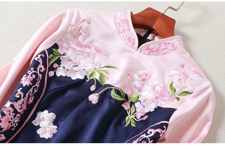 Floral Embroidered Ruffle Hem Qipao Dress