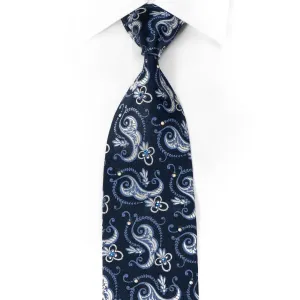 Floral Paisley On Blue Mens Silk Necktie Sparkling With Rhinestones