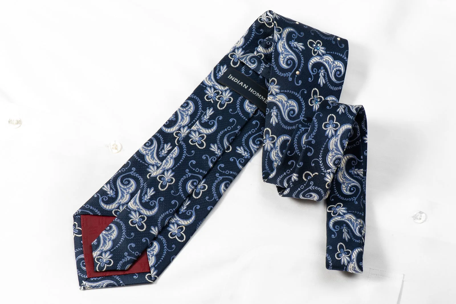 Floral Paisley On Blue Mens Silk Necktie Sparkling With Rhinestones