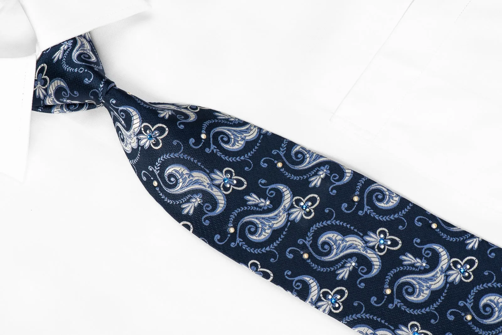 Floral Paisley On Blue Mens Silk Necktie Sparkling With Rhinestones