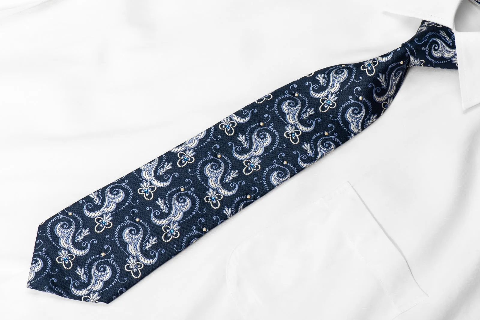 Floral Paisley On Blue Mens Silk Necktie Sparkling With Rhinestones