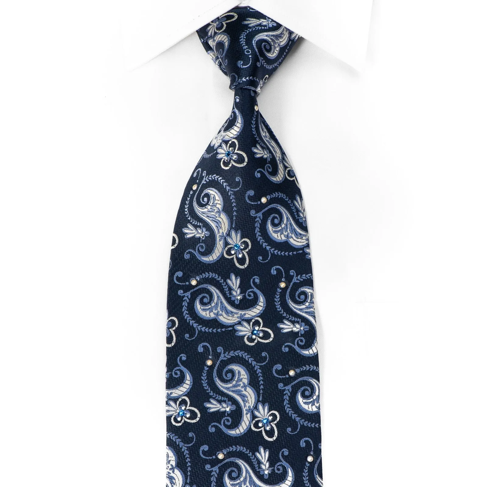 Floral Paisley On Blue Mens Silk Necktie Sparkling With Rhinestones