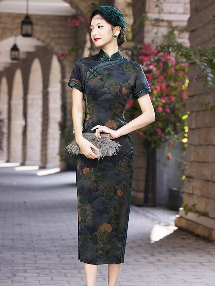 Green Vintage Jacquard Floral Printed Qipao Cheongsam Dress