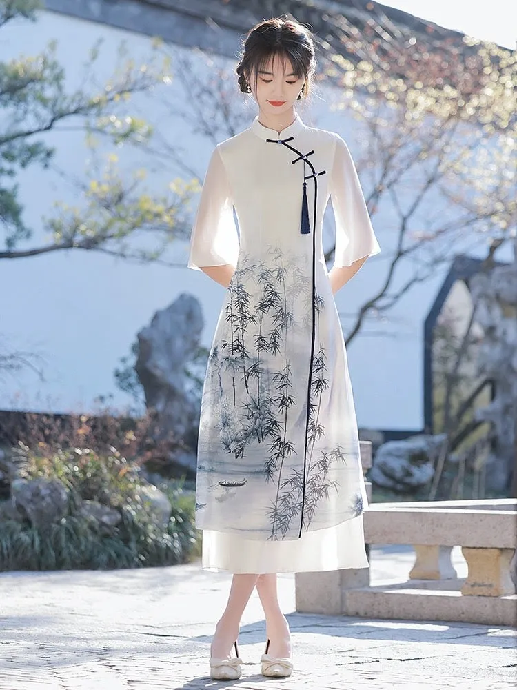 Half Sleeve Midi Cheongsam, Calligraphy Art