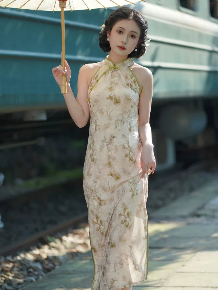 Halter Neck Long Cheongsam, Golden Ethereal