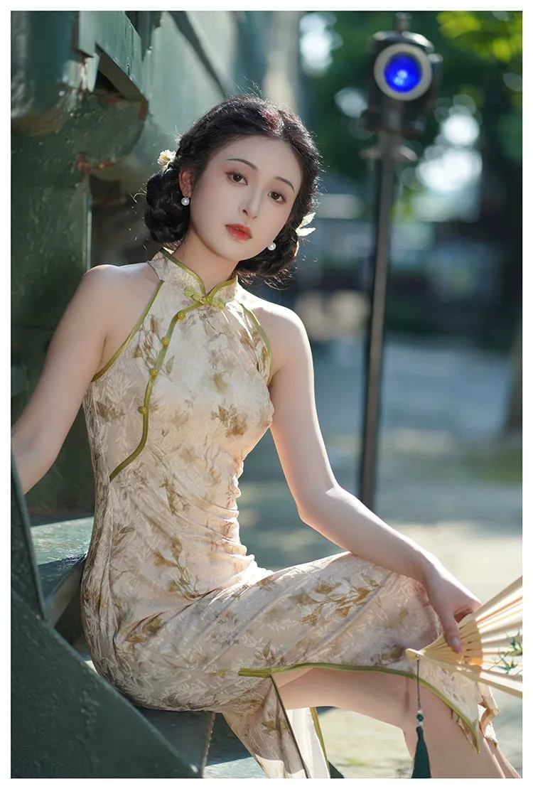 Halter Neck Long Cheongsam, Golden Ethereal