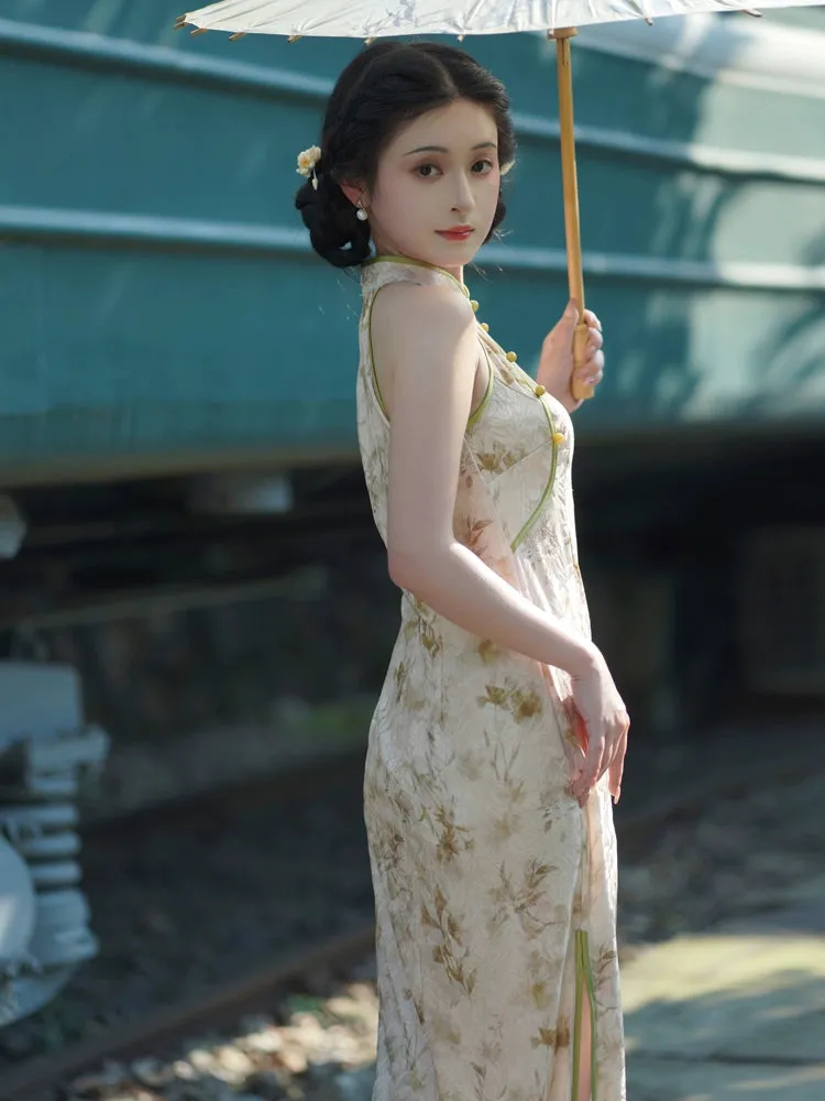 Halter Neck Long Cheongsam, Golden Ethereal