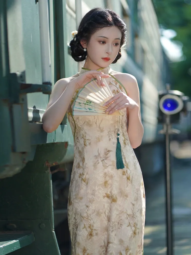 Halter Neck Long Cheongsam, Golden Ethereal