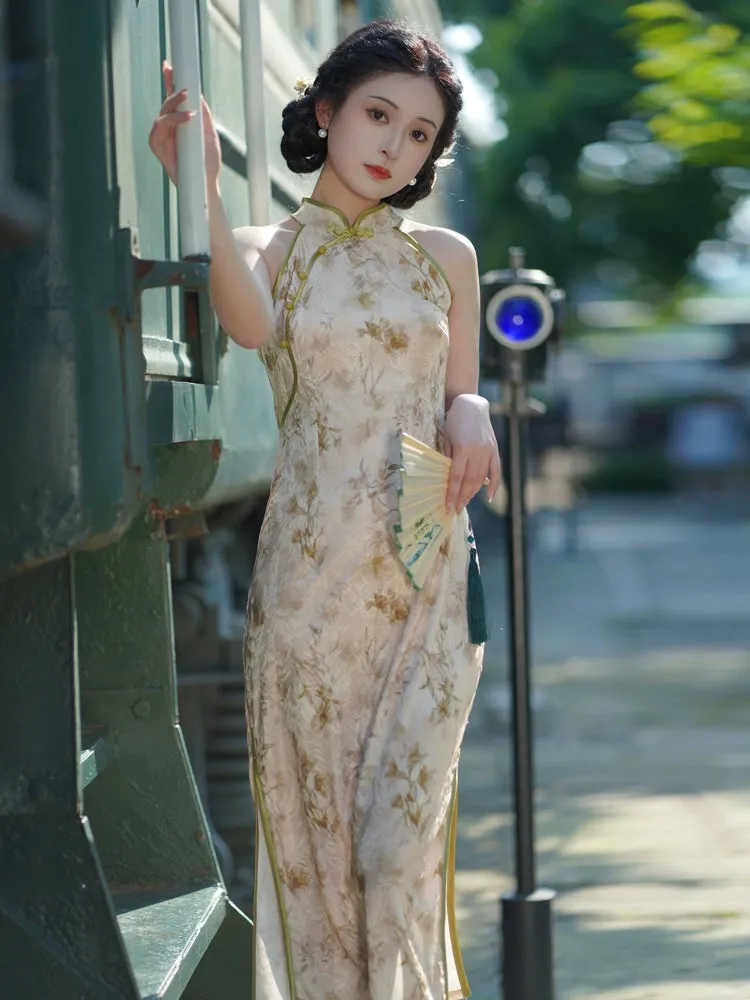 Halter Neck Long Cheongsam, Golden Ethereal