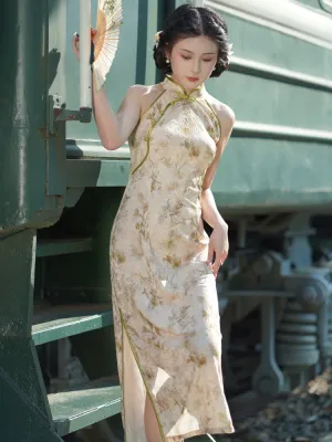 Halter Neck Long Cheongsam, Golden Ethereal