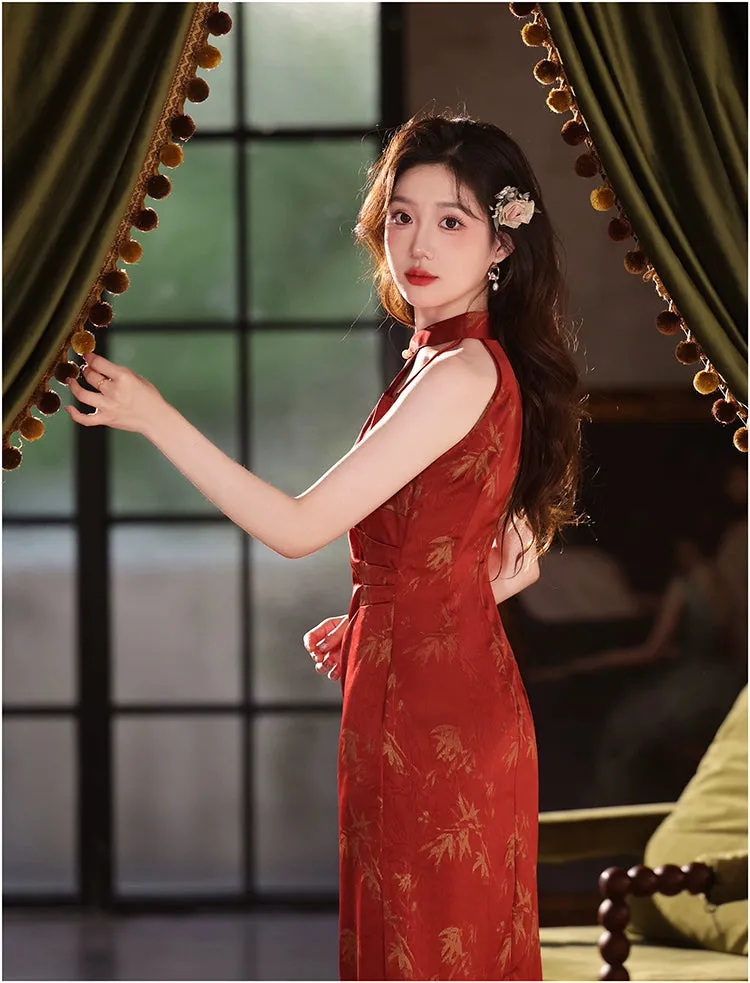 Halter Neck Long Cheongsam, Merlot