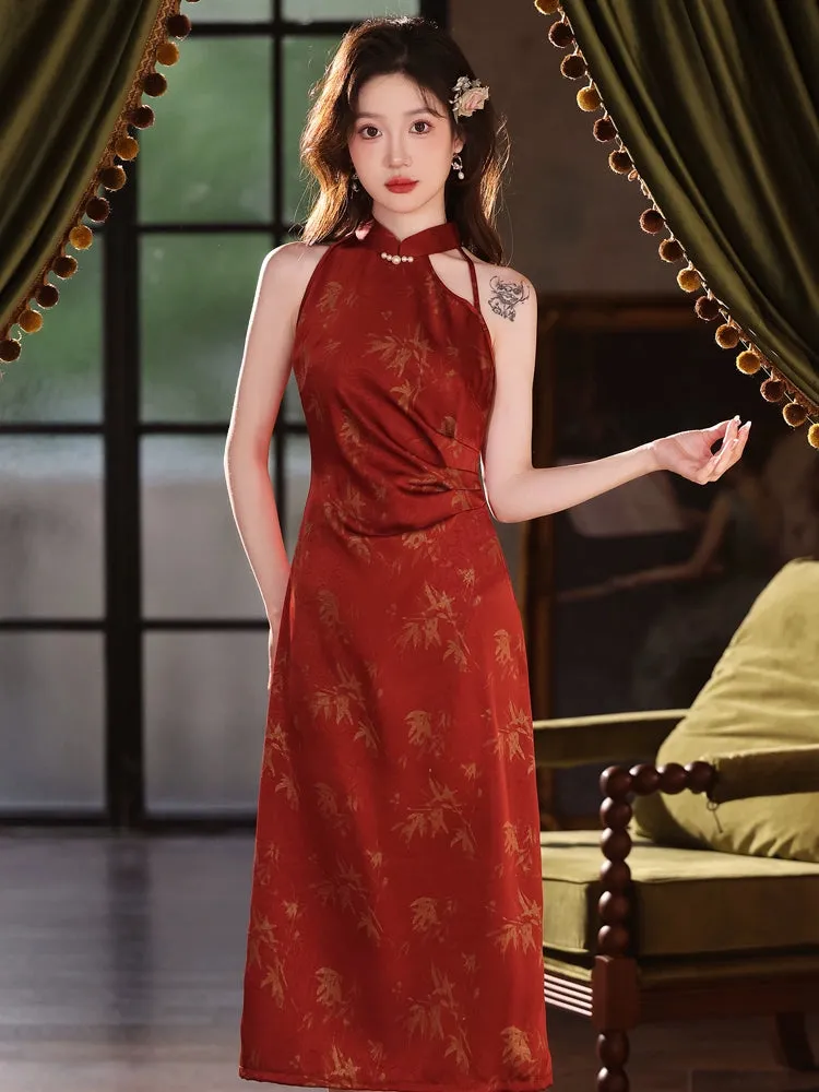 Halter Neck Long Cheongsam, Merlot