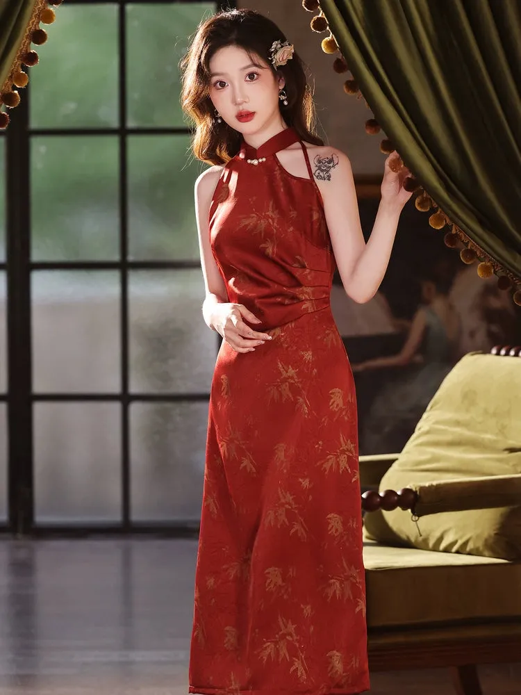 Halter Neck Long Cheongsam, Merlot