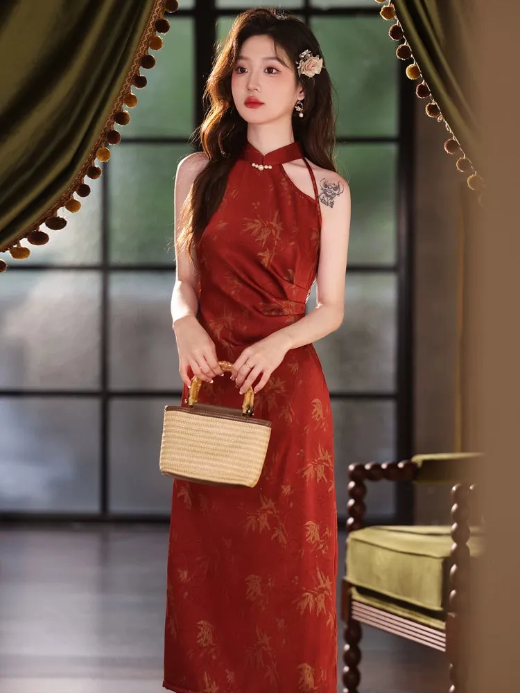 Halter Neck Long Cheongsam, Merlot