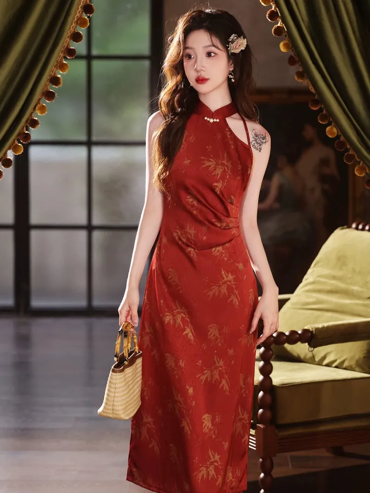 Halter Neck Long Cheongsam, Merlot