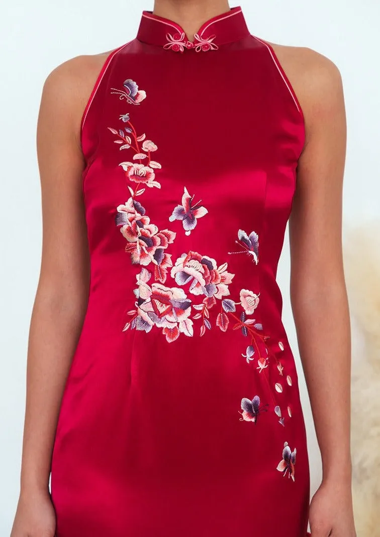 Halter Satin Qipao w Floral Embroidery (RTW)