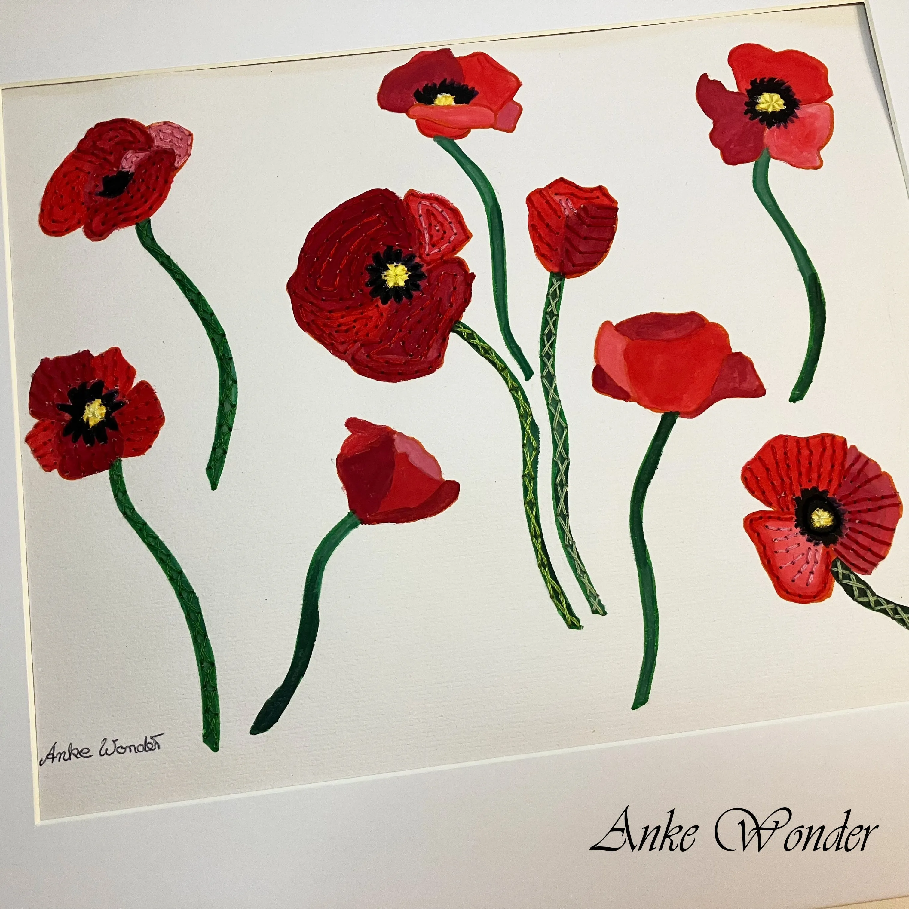 Hand-Embroidered Poppy Flowers Painting - Original