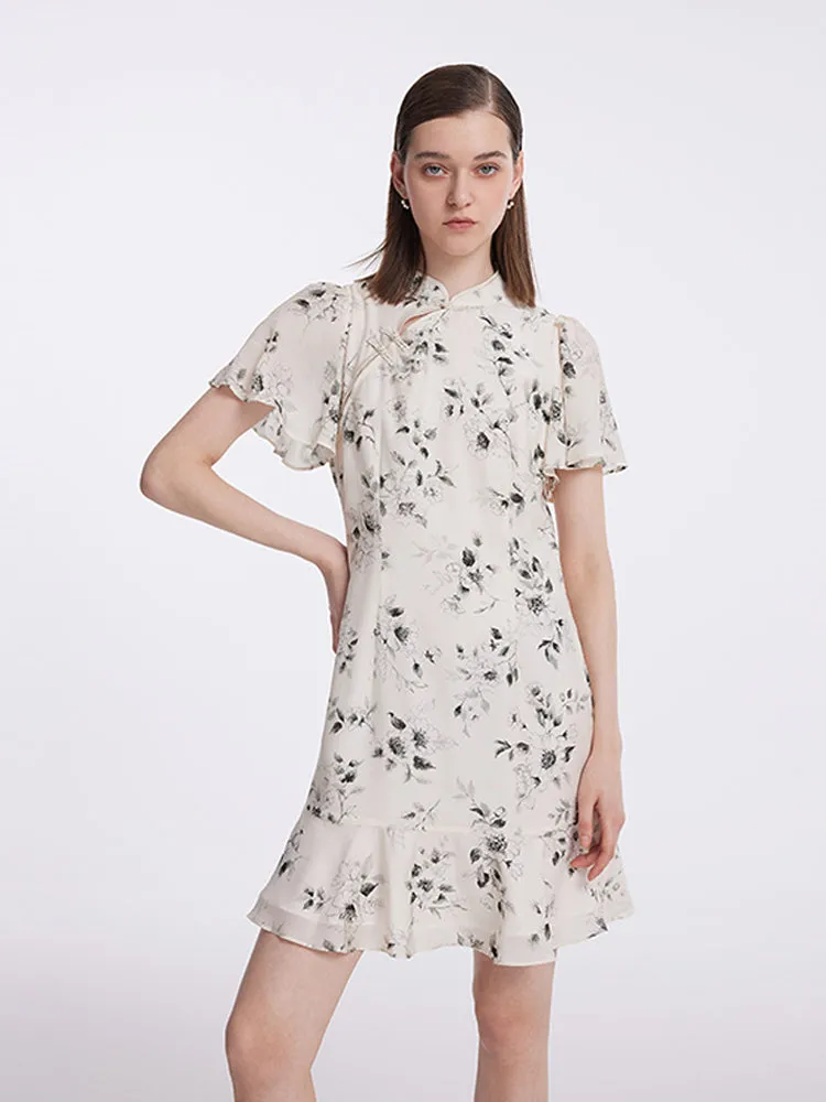 Ink Floral Ruffle Sleeve Cheongsam Qipao Mini Dress