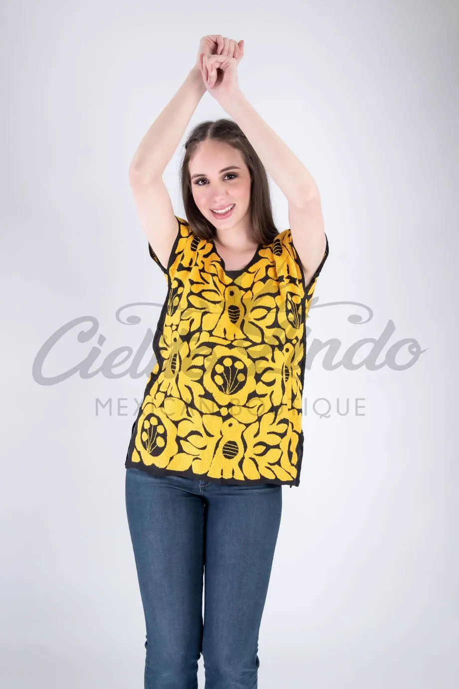 Jalapa Yellow Top with Red Embroidery