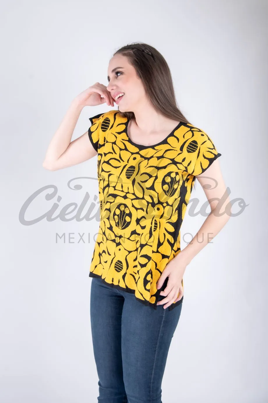 Jalapa Yellow Top with Red Embroidery