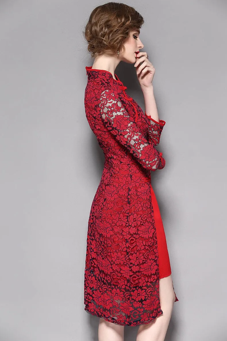 Lace Overlay Qipao Dress