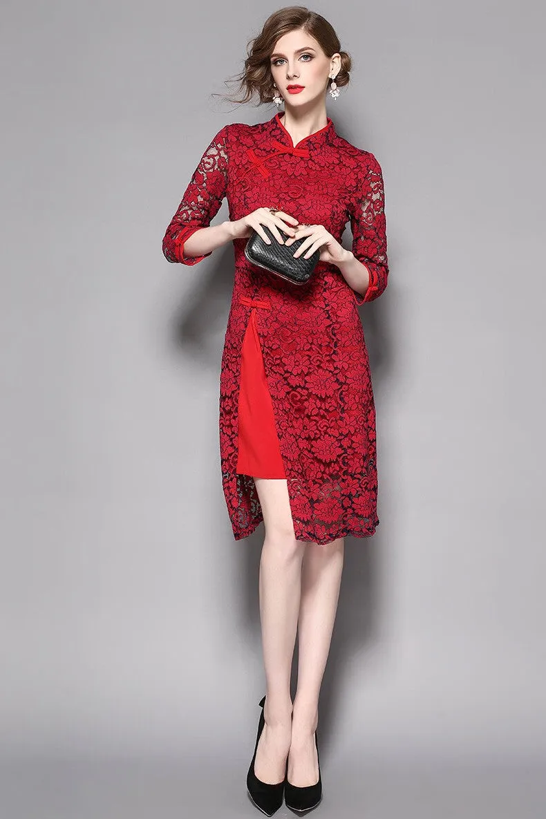 Lace Overlay Qipao Dress