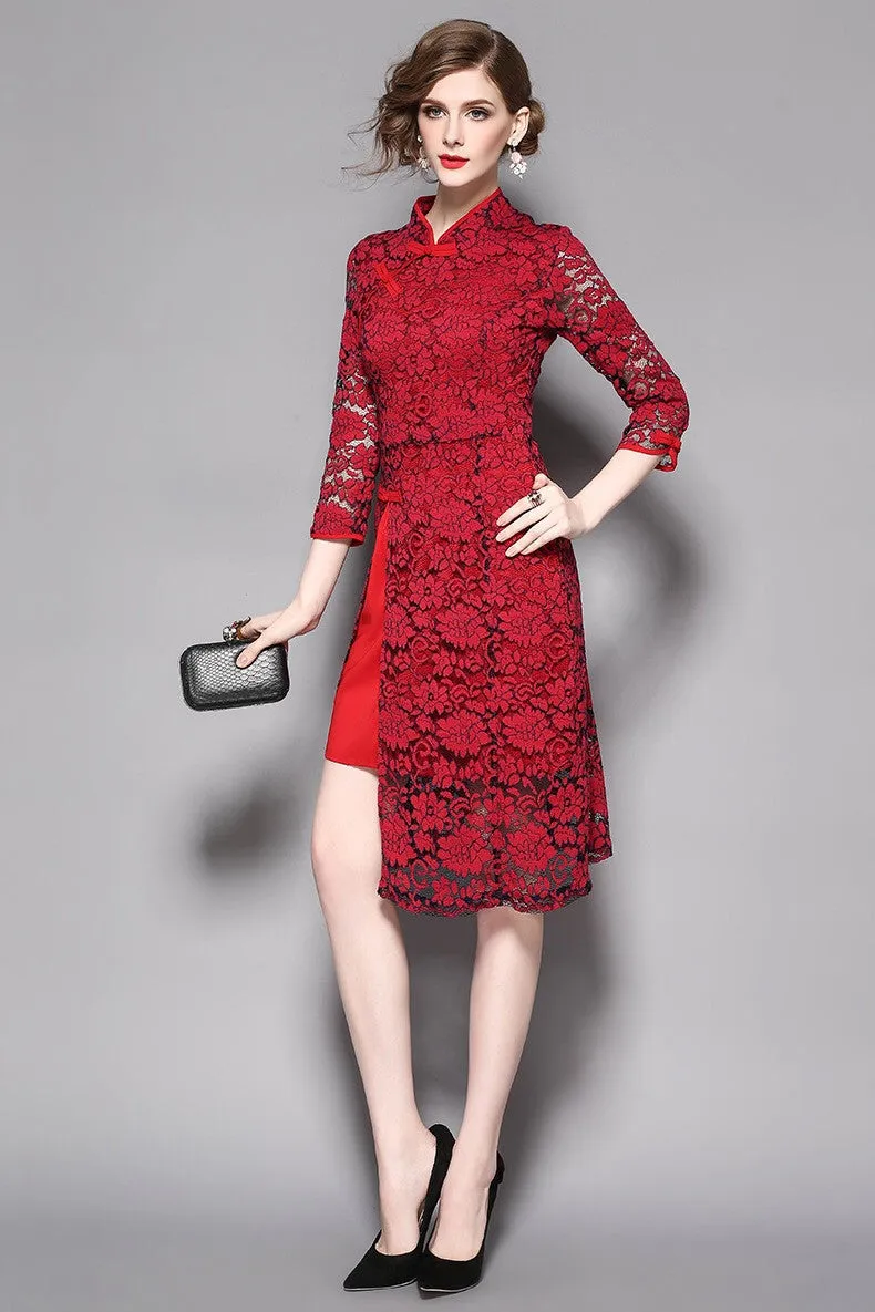 Lace Overlay Qipao Dress