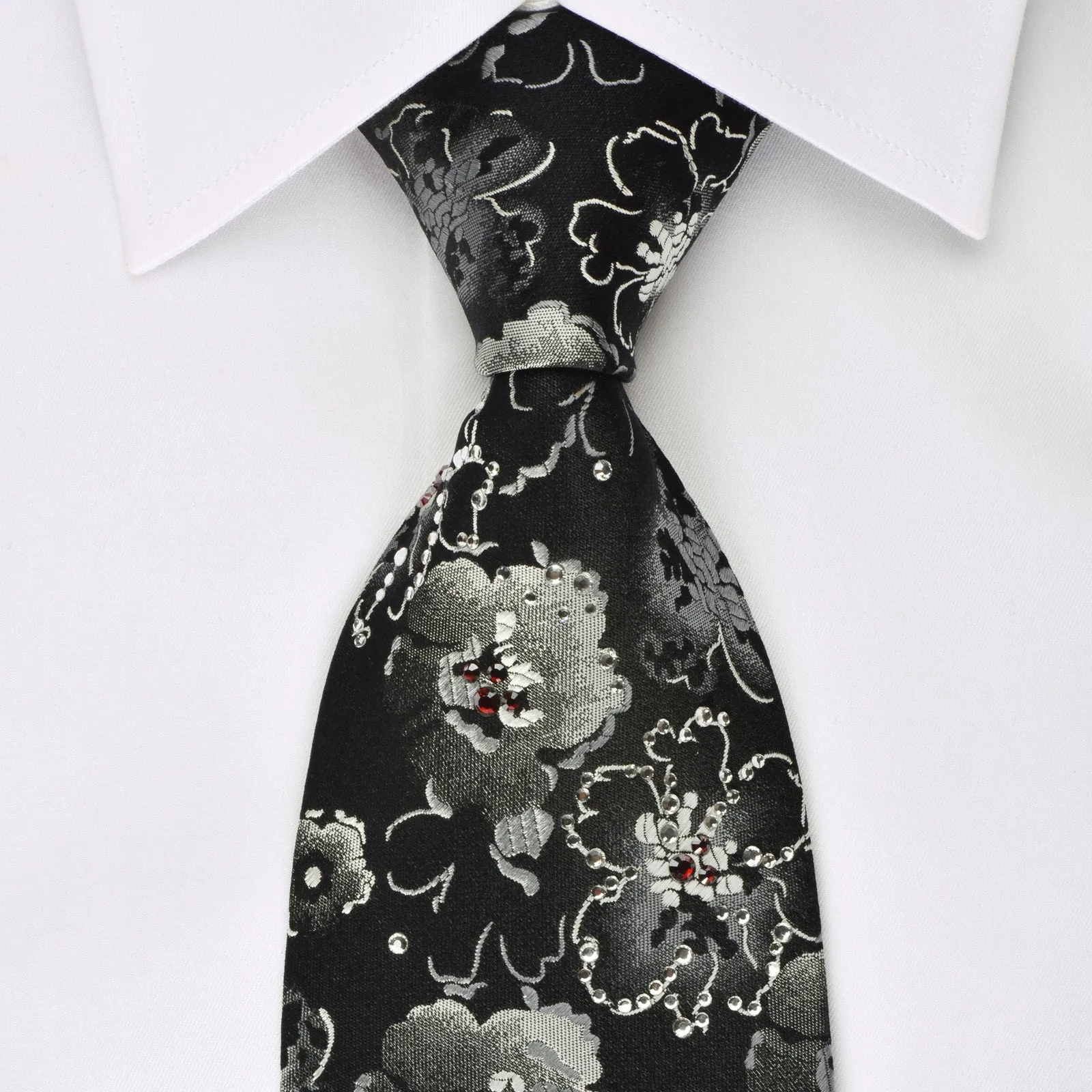 Lancetti Silk Necktie Silver Floral On Black With Rhinestones