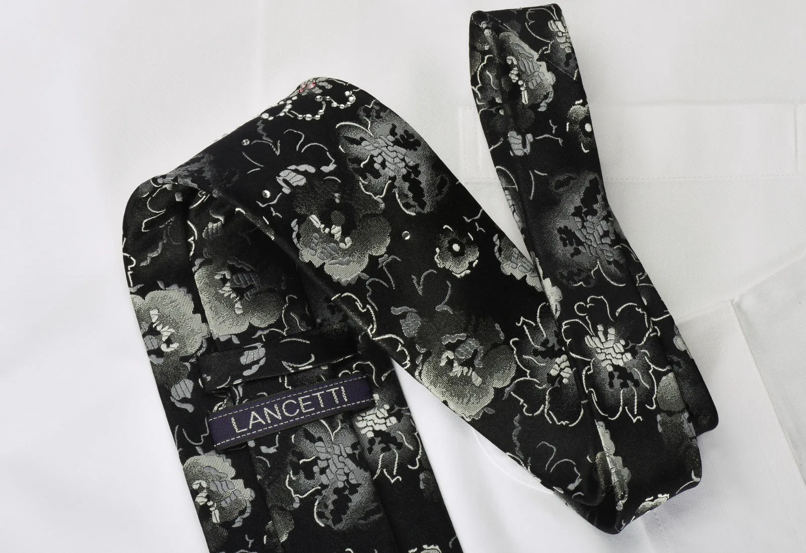 Lancetti Silk Necktie Silver Floral On Black With Rhinestones