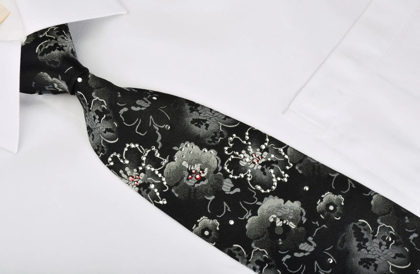 Lancetti Silk Necktie Silver Floral On Black With Rhinestones