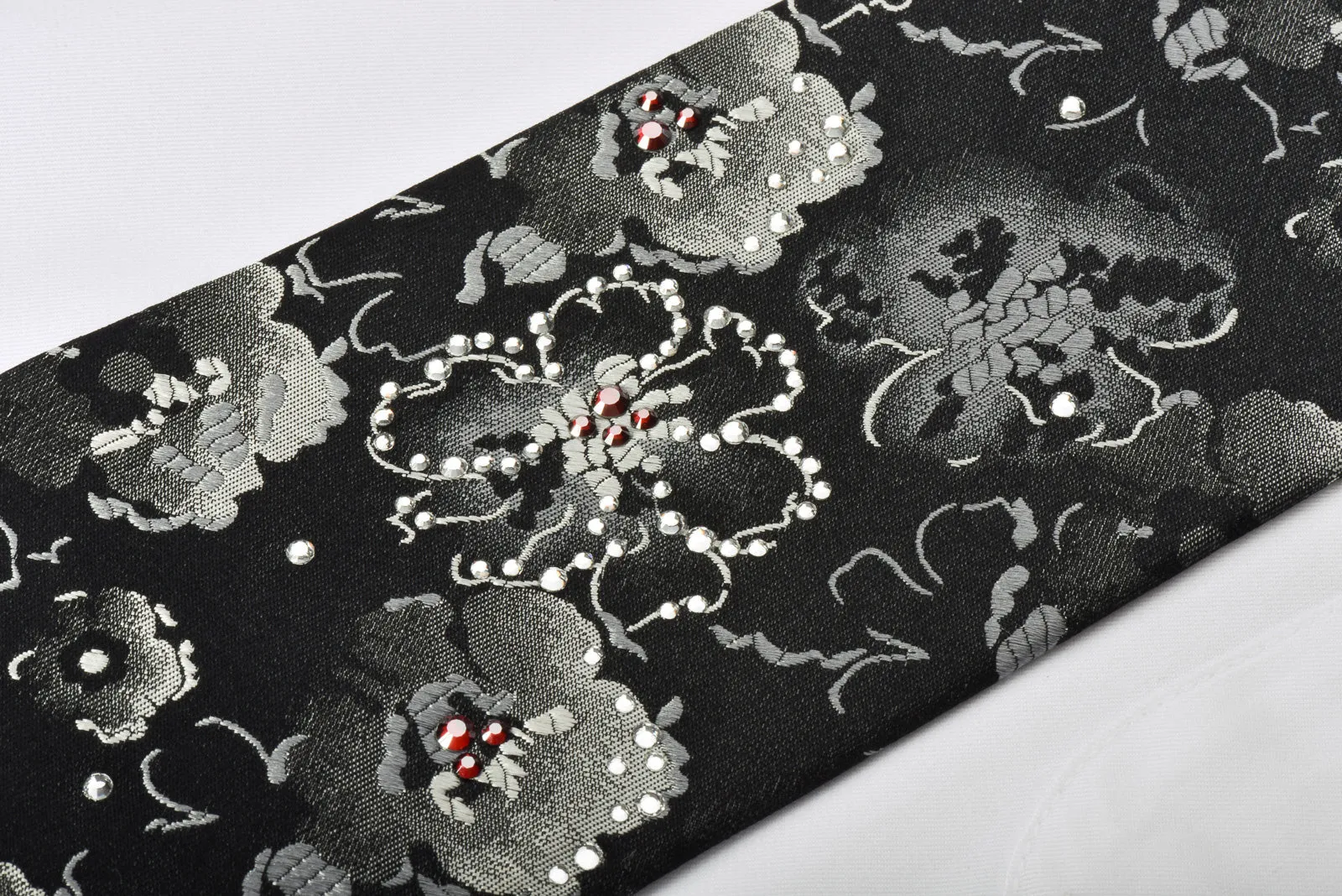 Lancetti Silk Necktie Silver Floral On Black With Rhinestones