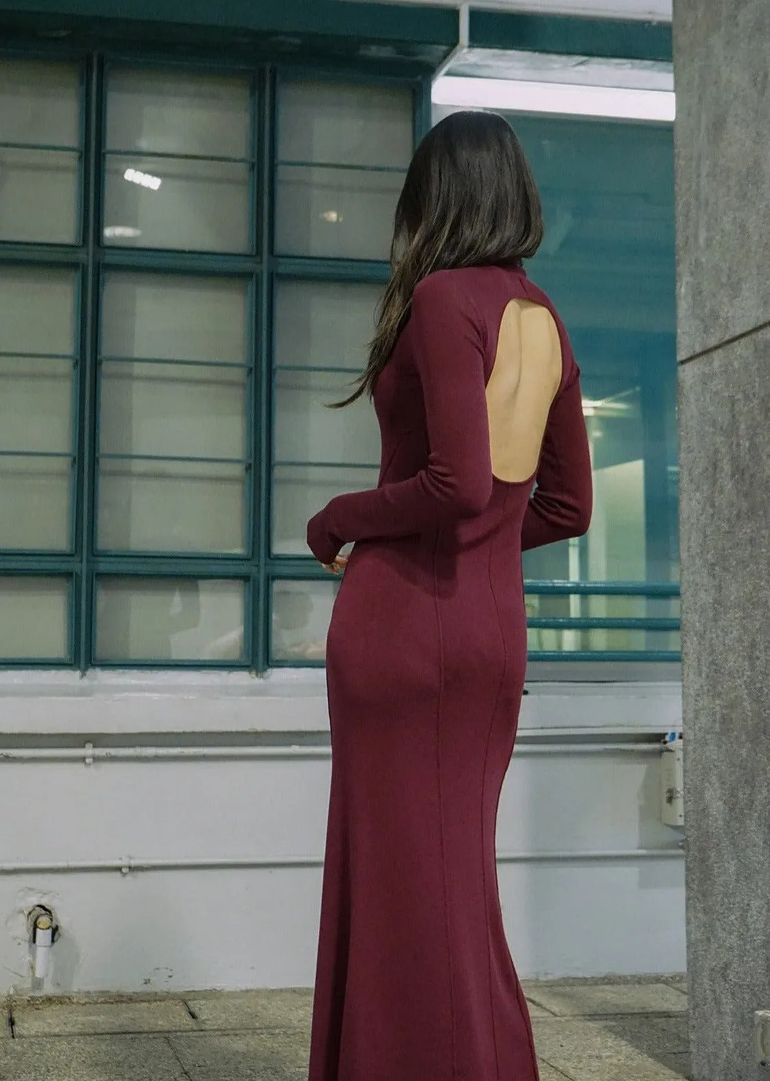 Long Sleeves Open Back Knitted Qipao (Burgundy)