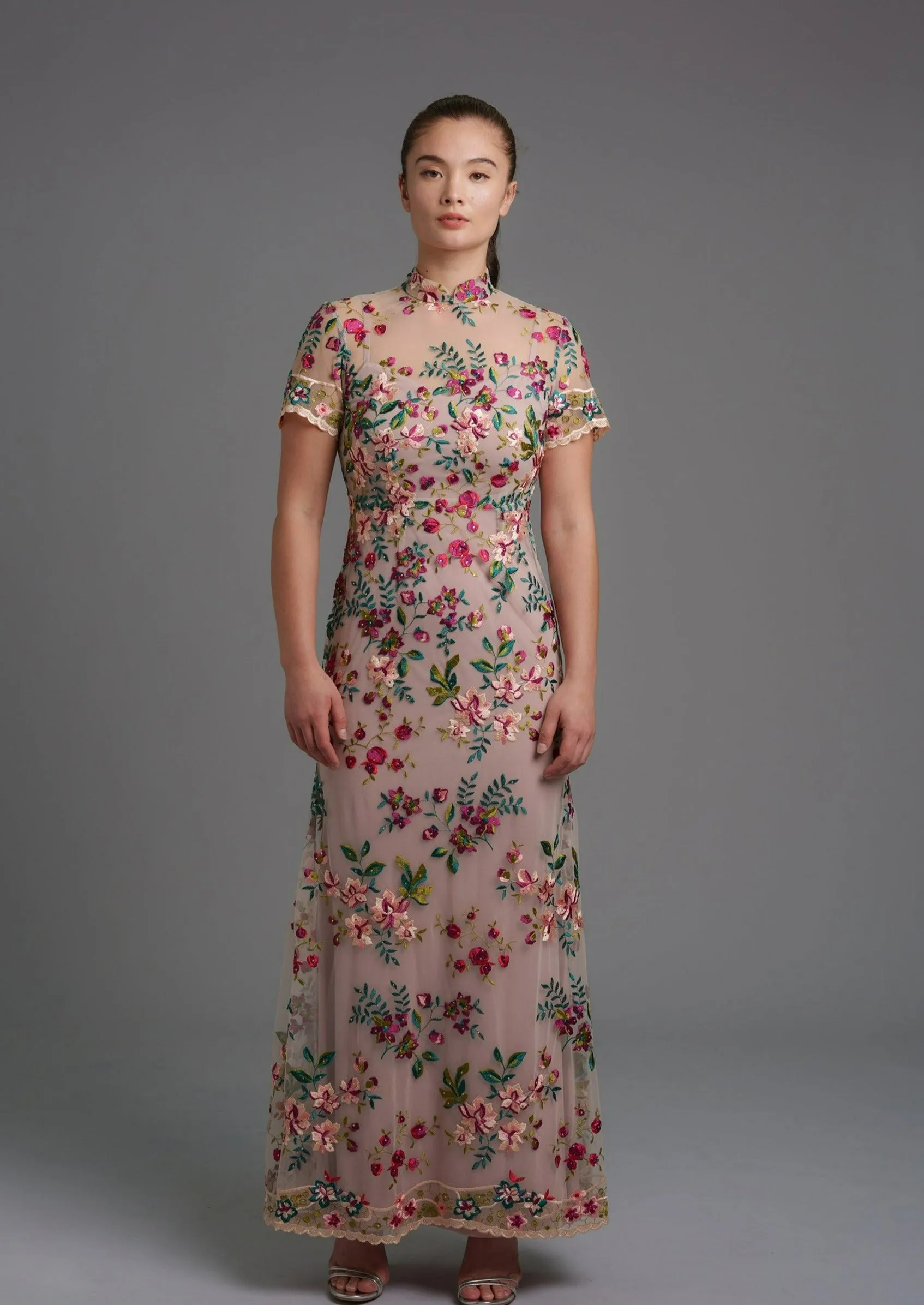 Lotus Short Sleeves Qipao Gown