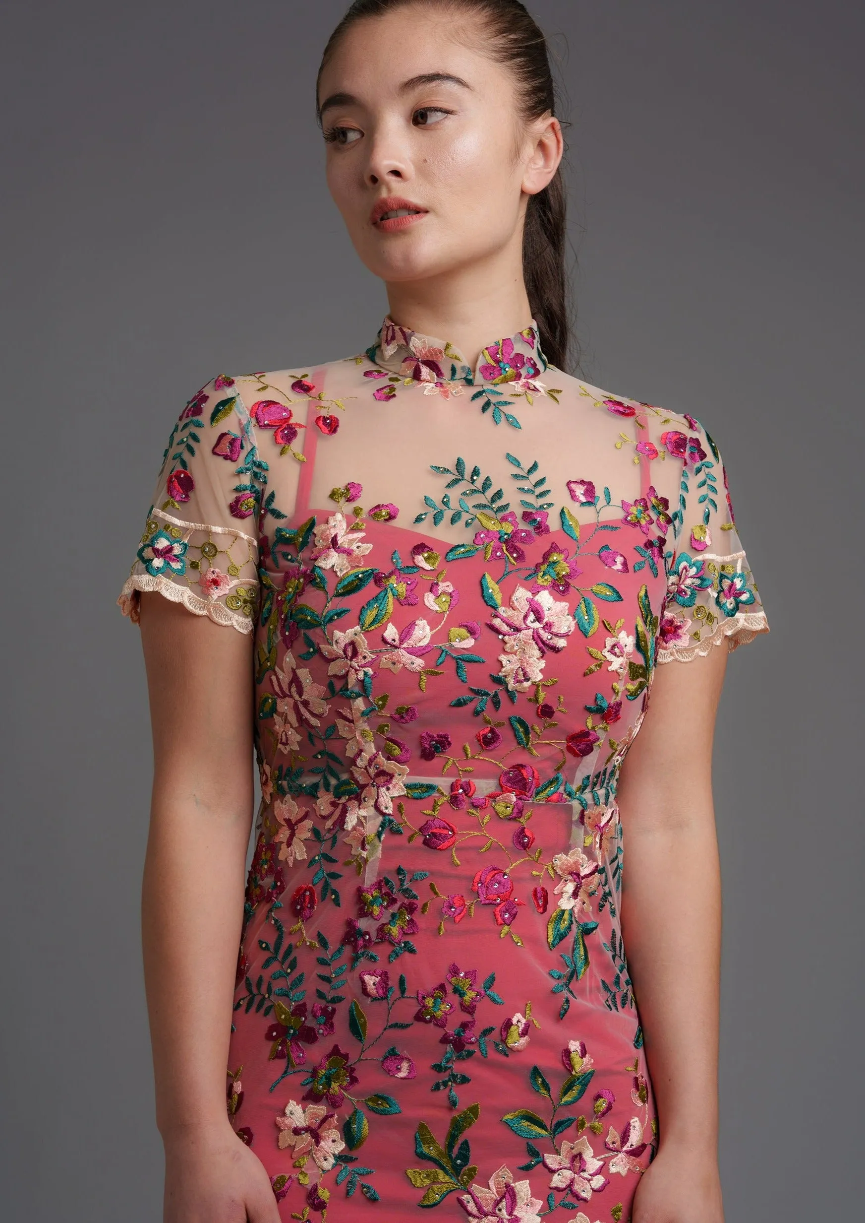 Lotus Short Sleeves Qipao Gown