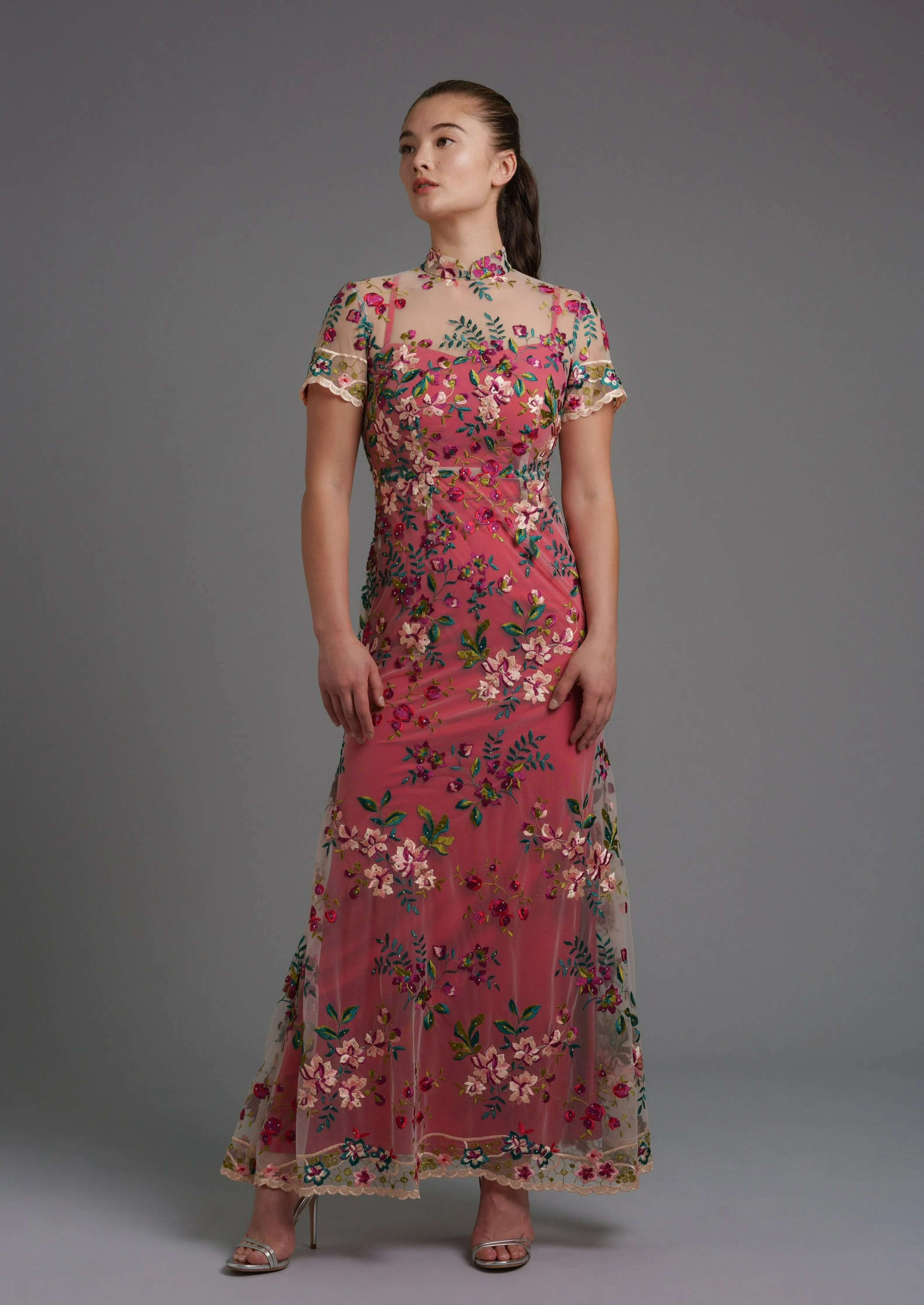 Lotus Short Sleeves Qipao Gown