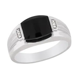 MODERN MEN'S WHITE GOLD FASHION RING WITH BLACK ONYX AND DIAMONDS, .02 CT TW