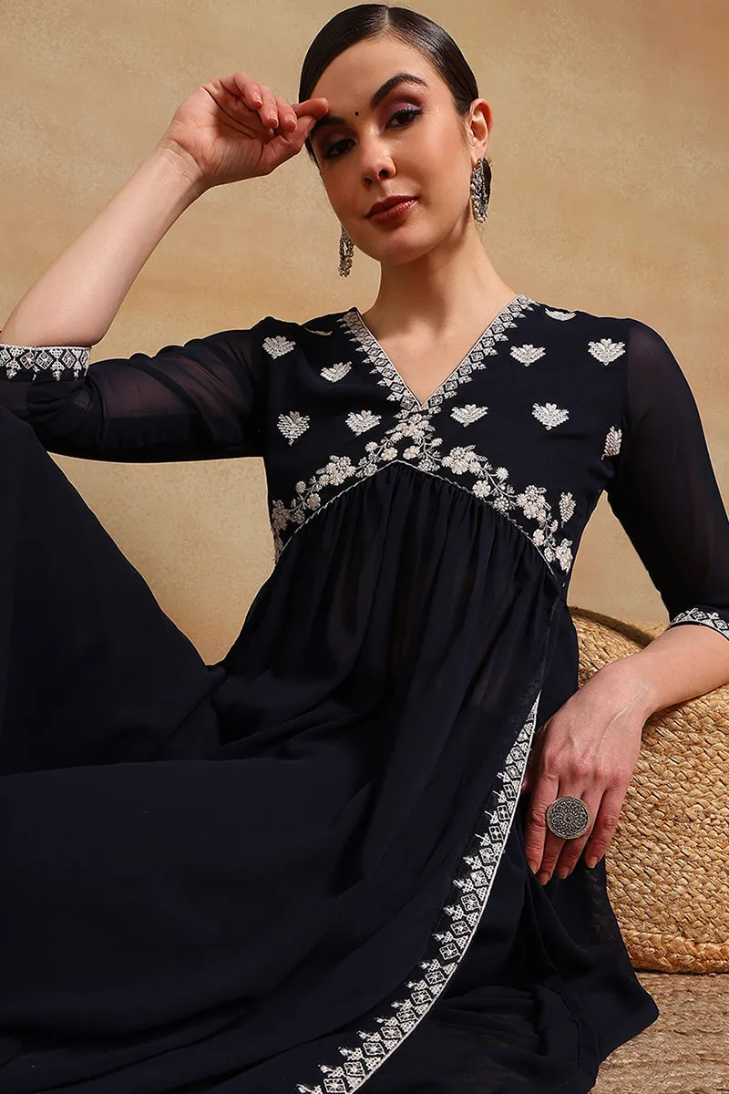 Navy Blue Georgette Solid Embroidered Flared Empire Suit Set