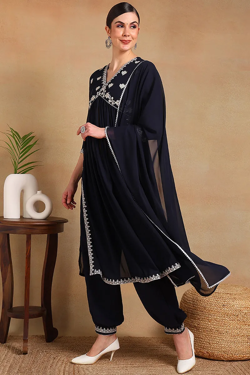 Navy Blue Georgette Solid Embroidered Flared Empire Suit Set