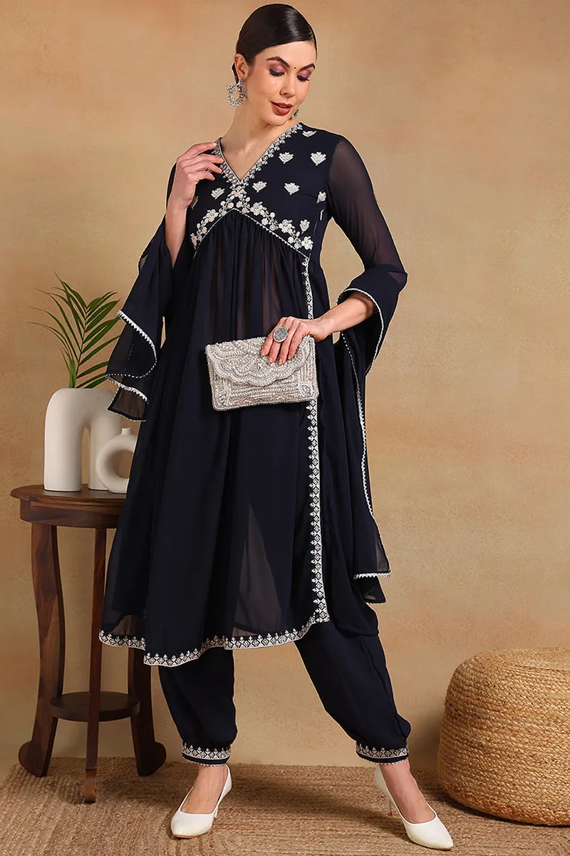 Navy Blue Georgette Solid Embroidered Flared Empire Suit Set