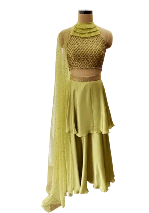 Olive Green Two Layer Lehenga Set