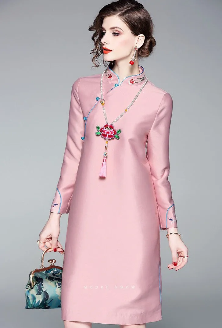 Pink Floral Embroidered Qipao Dress