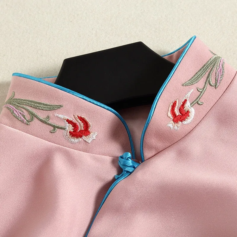 Pink Floral Embroidered Qipao Dress