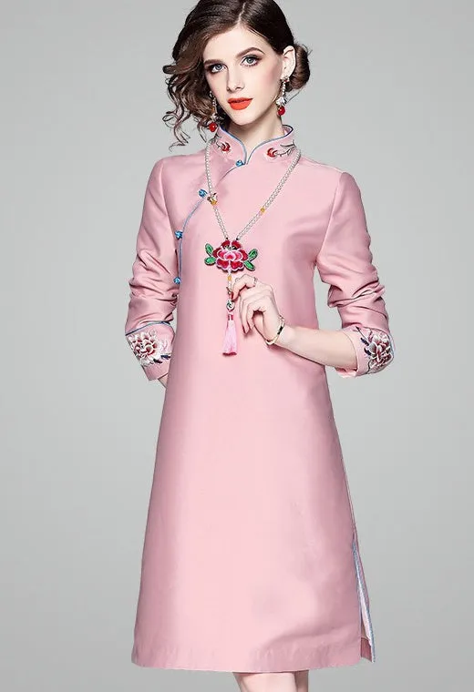 Pink Floral Embroidered Qipao Dress