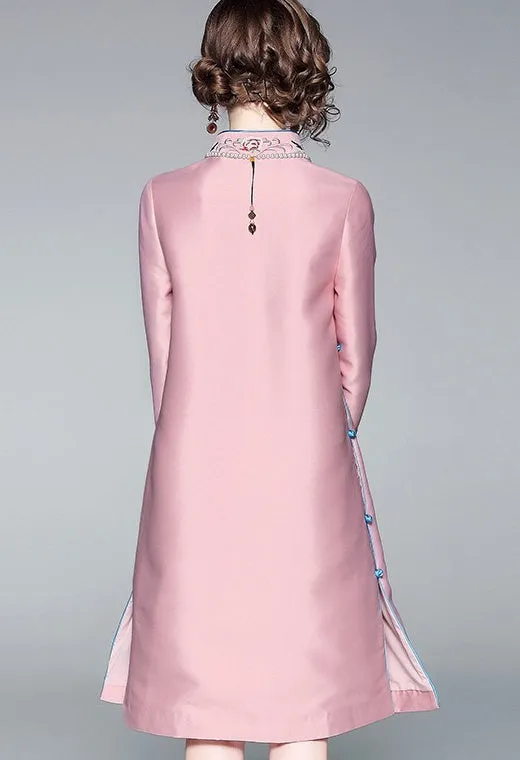 Pink Floral Embroidered Qipao Dress