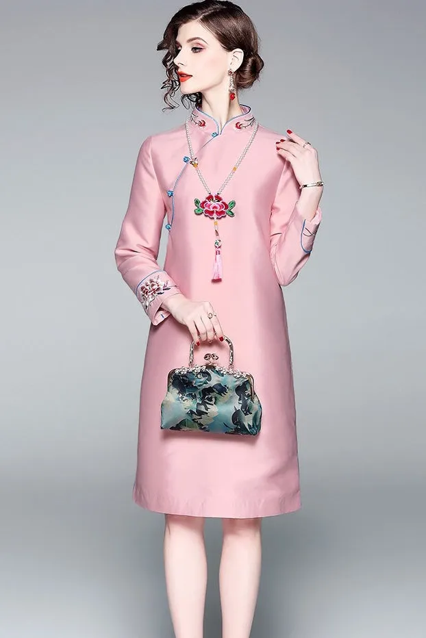 Pink Floral Embroidered Qipao Dress