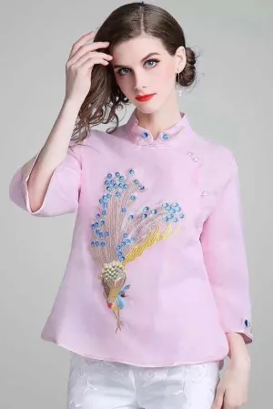 Pink Peacock Embroidered Qipao Top