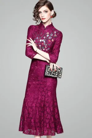 Purple Embroidered Lace Qipao Dress